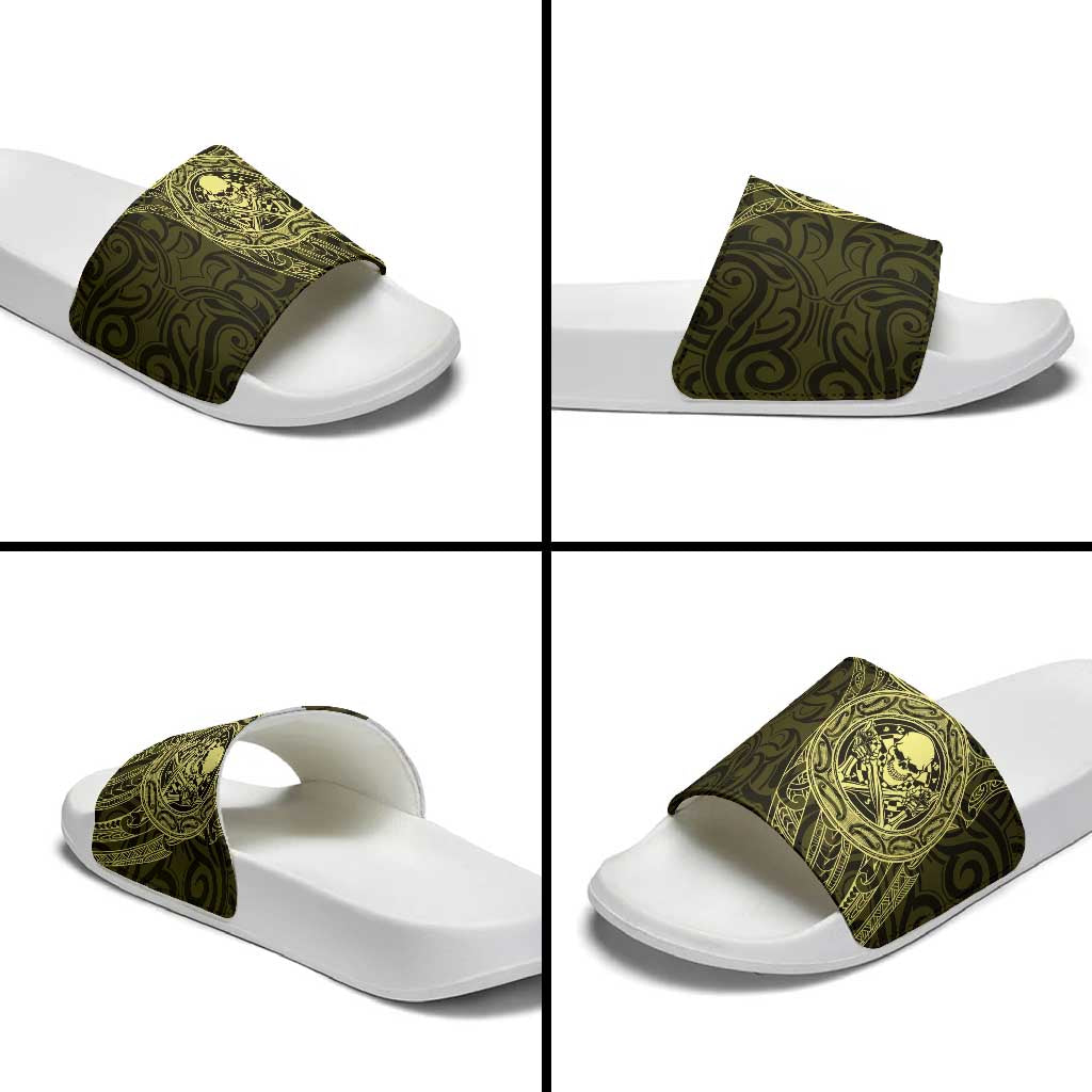 New Zealand Skull Darts Slide Sandals Aotearoa Maori Chest Tattoo Stylized Gold LT14 - Polynesian Pride