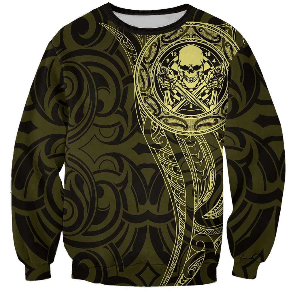 New Zealand Skull Darts Sweatshirt Aotearoa Maori Chest Tattoo Stylized Gold - Polynesian Pride