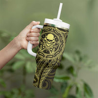New Zealand Skull Darts Tumbler With Handle Aotearoa Maori Chest Tattoo Stylized Gold - Polynesian Pride