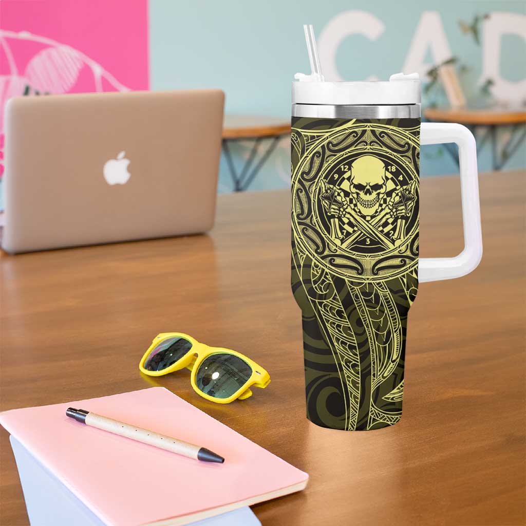 New Zealand Skull Darts Tumbler With Handle Aotearoa Maori Chest Tattoo Stylized Gold - Polynesian Pride
