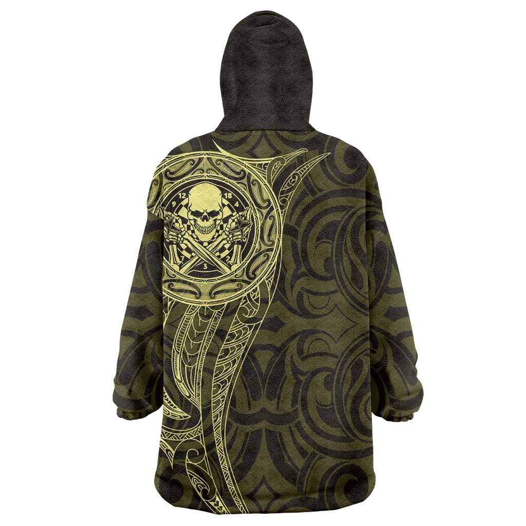 New Zealand Skull Darts Wearable Blanket Hoodie Aotearoa Maori Chest Tattoo Stylized Gold - Polynesian Pride