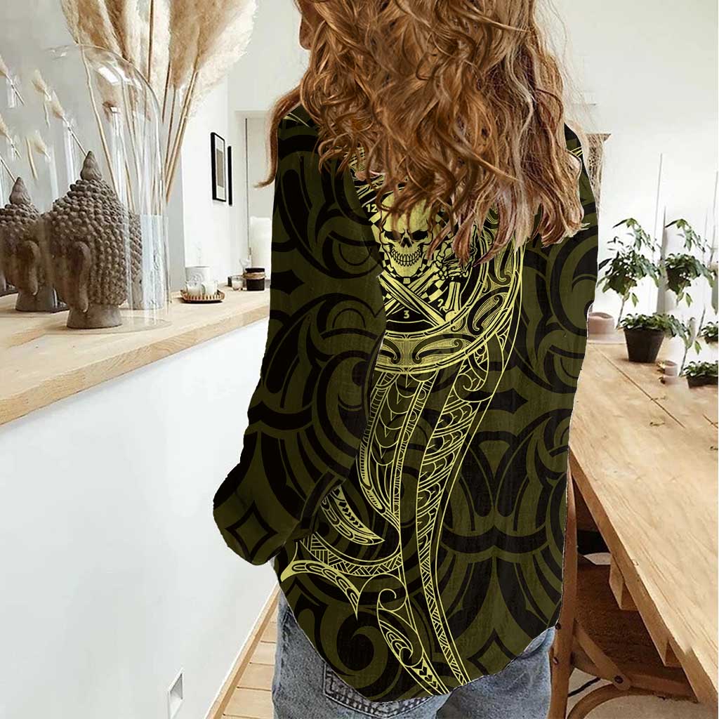 New Zealand Skull Darts Women Casual Shirt Aotearoa Maori Chest Tattoo Stylized Gold - Polynesian Pride