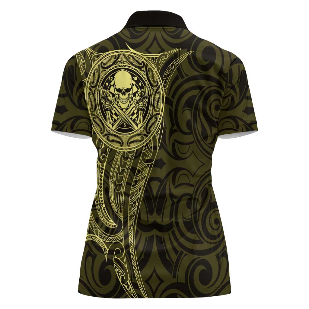 New Zealand Skull Darts Women Polo Shirt Aotearoa Maori Chest Tattoo Stylized Gold - Polynesian Pride