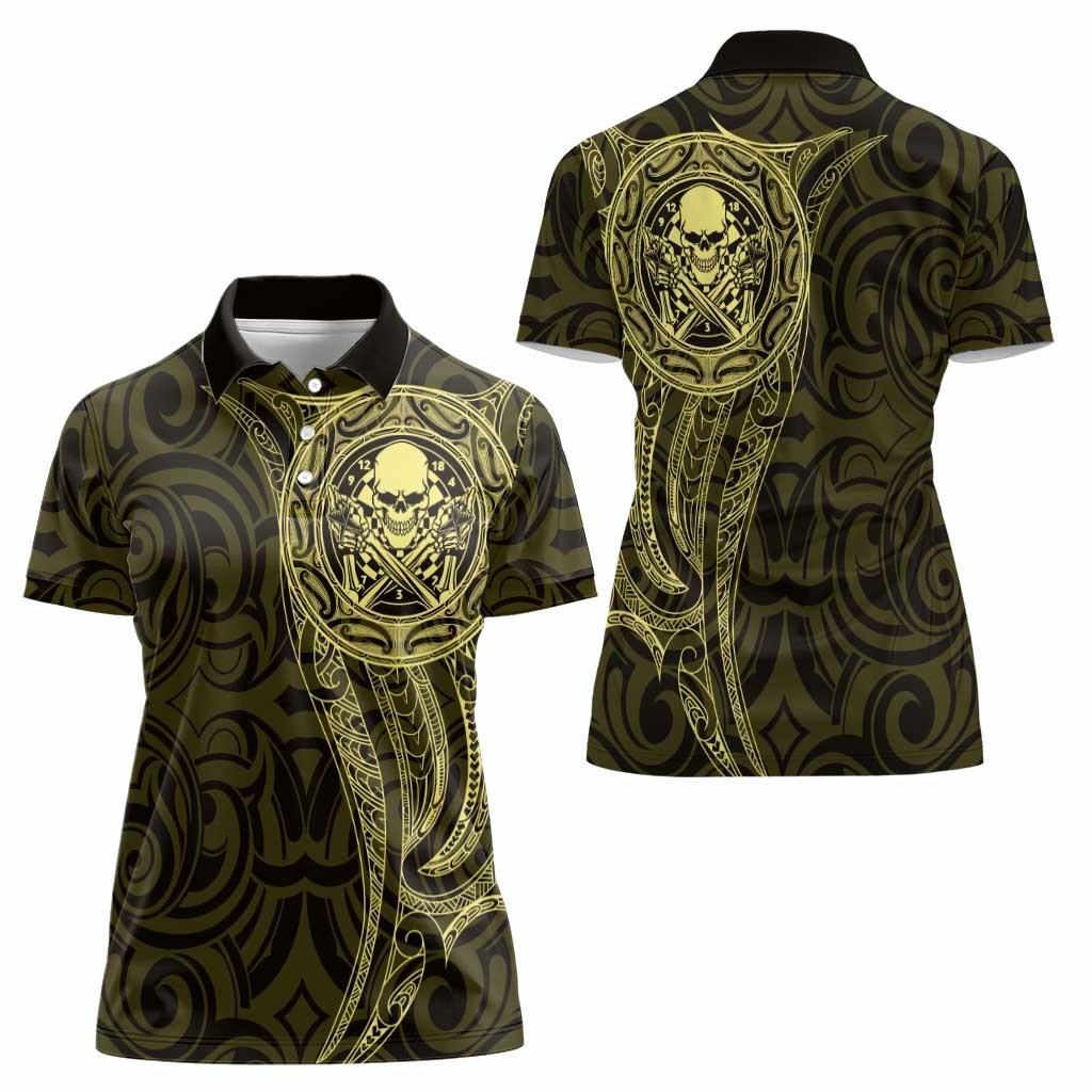 New Zealand Skull Darts Women Polo Shirt Aotearoa Maori Chest Tattoo Stylized Gold - Polynesian Pride