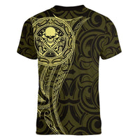New Zealand Skull Darts Women V-Neck T-Shirt Aotearoa Maori Chest Tattoo Stylized Gold - Polynesian Pride
