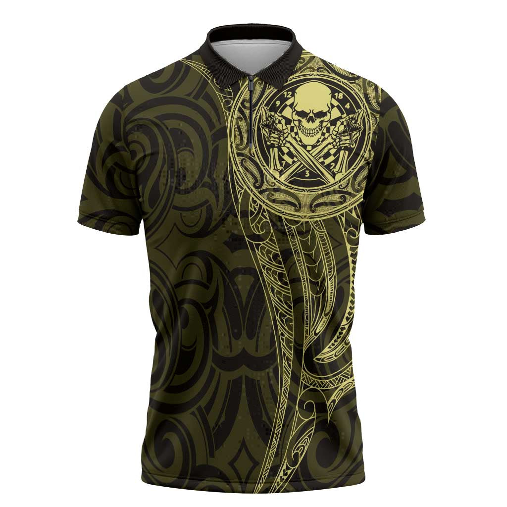 New Zealand Skull Darts Zipper Polo Shirt Aotearoa Maori Chest Tattoo Stylized Gold - Polynesian Pride