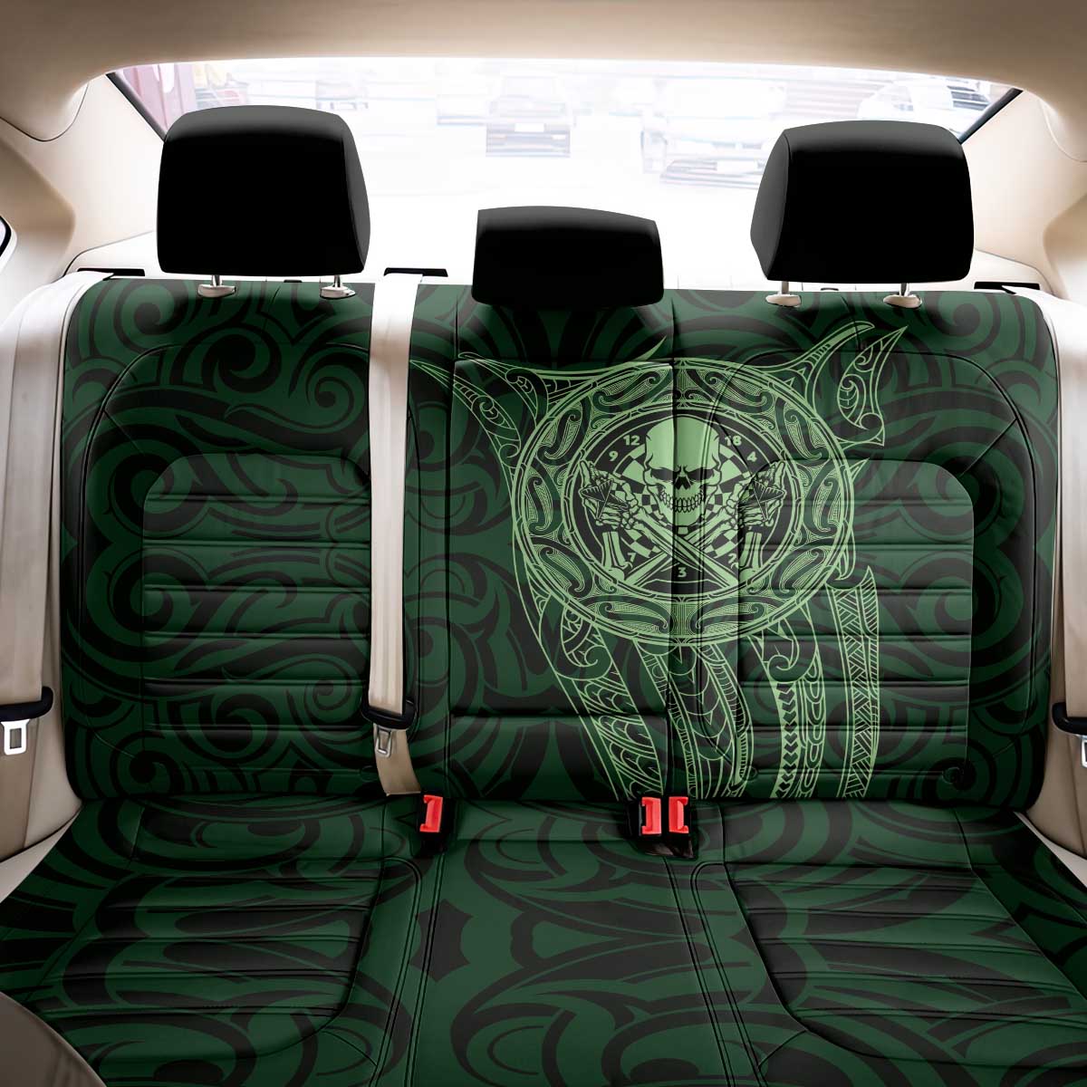 New Zealand Skull Darts Back Car Seat Cover Aotearoa Maori Chest Tattoo Stylized Green - Polynesian Pride