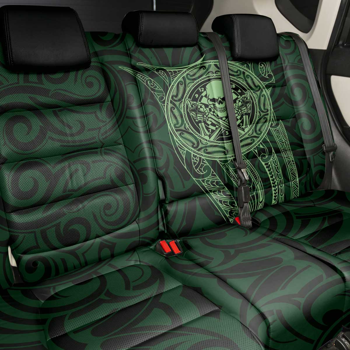 New Zealand Skull Darts Back Car Seat Cover Aotearoa Maori Chest Tattoo Stylized Green - Polynesian Pride