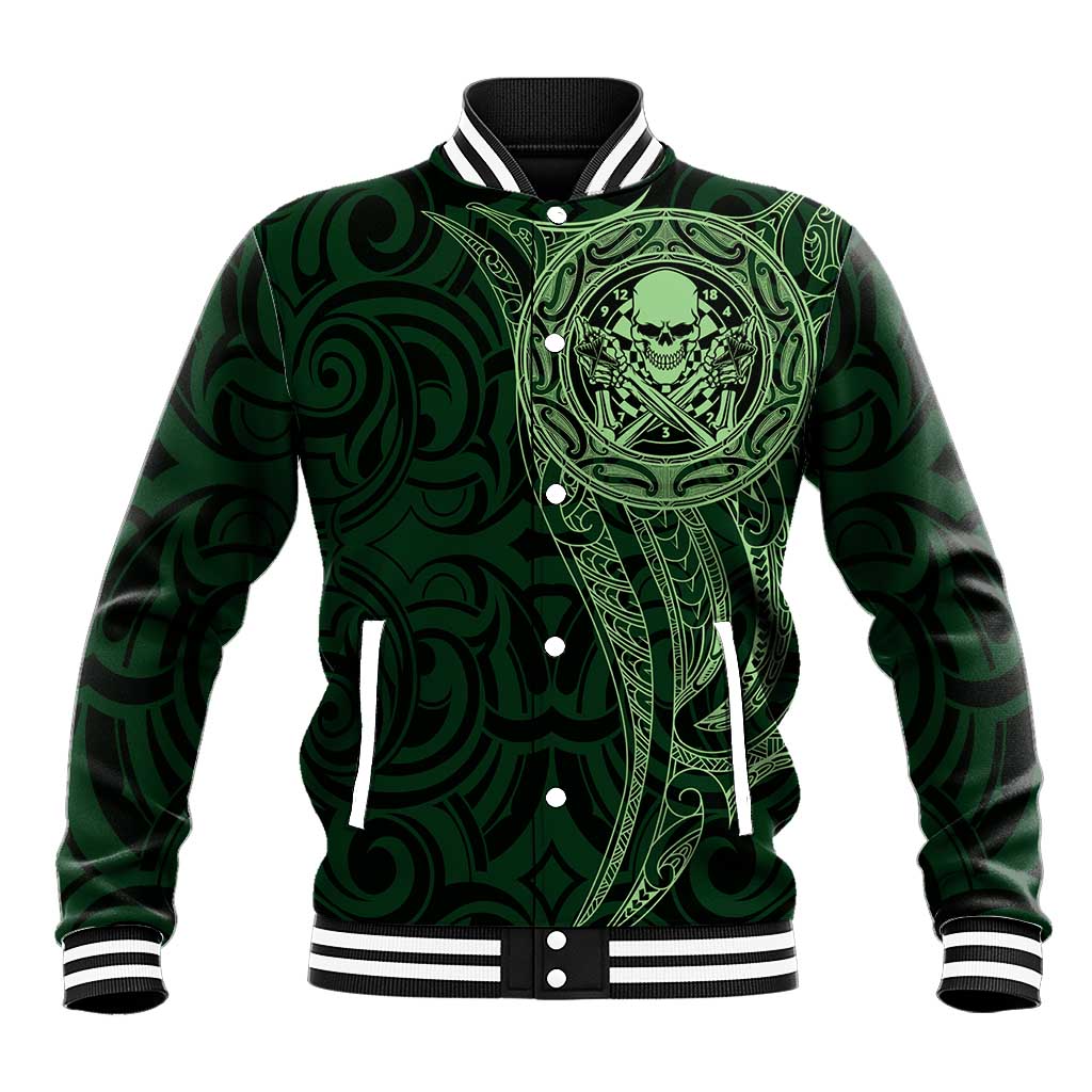 New Zealand Skull Darts Baseball Jacket Aotearoa Maori Chest Tattoo Stylized Green - Polynesian Pride