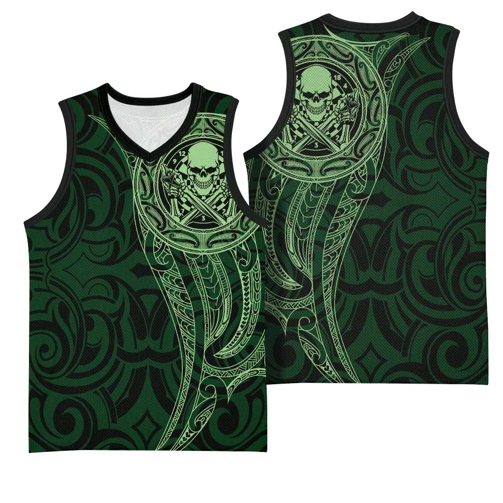 New Zealand Skull Darts Basketball Jersey Aotearoa Maori Chest Tattoo Stylized Green - Polynesian Pride