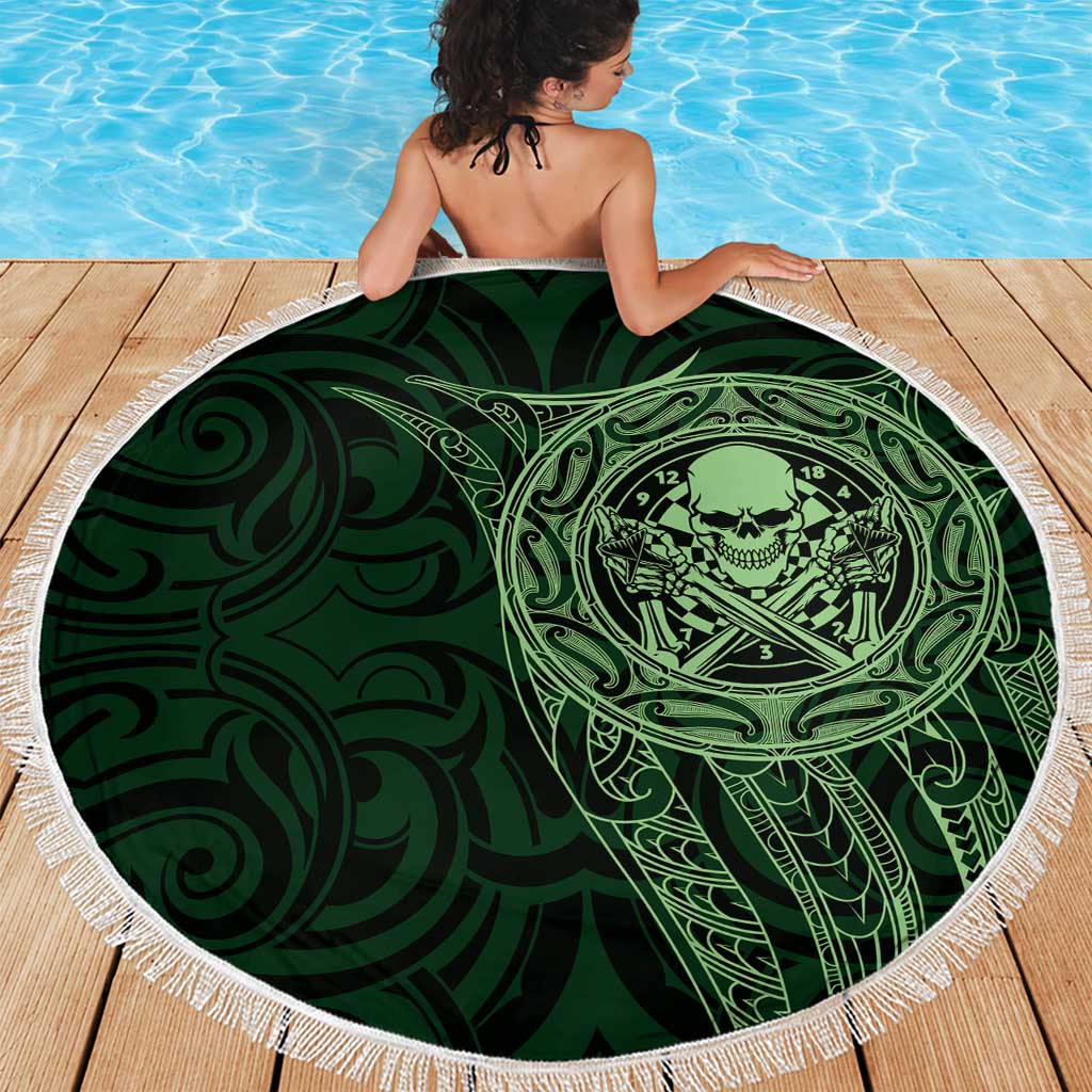 New Zealand Skull Darts Beach Blanket Aotearoa Maori Chest Tattoo Stylized Green - Polynesian Pride