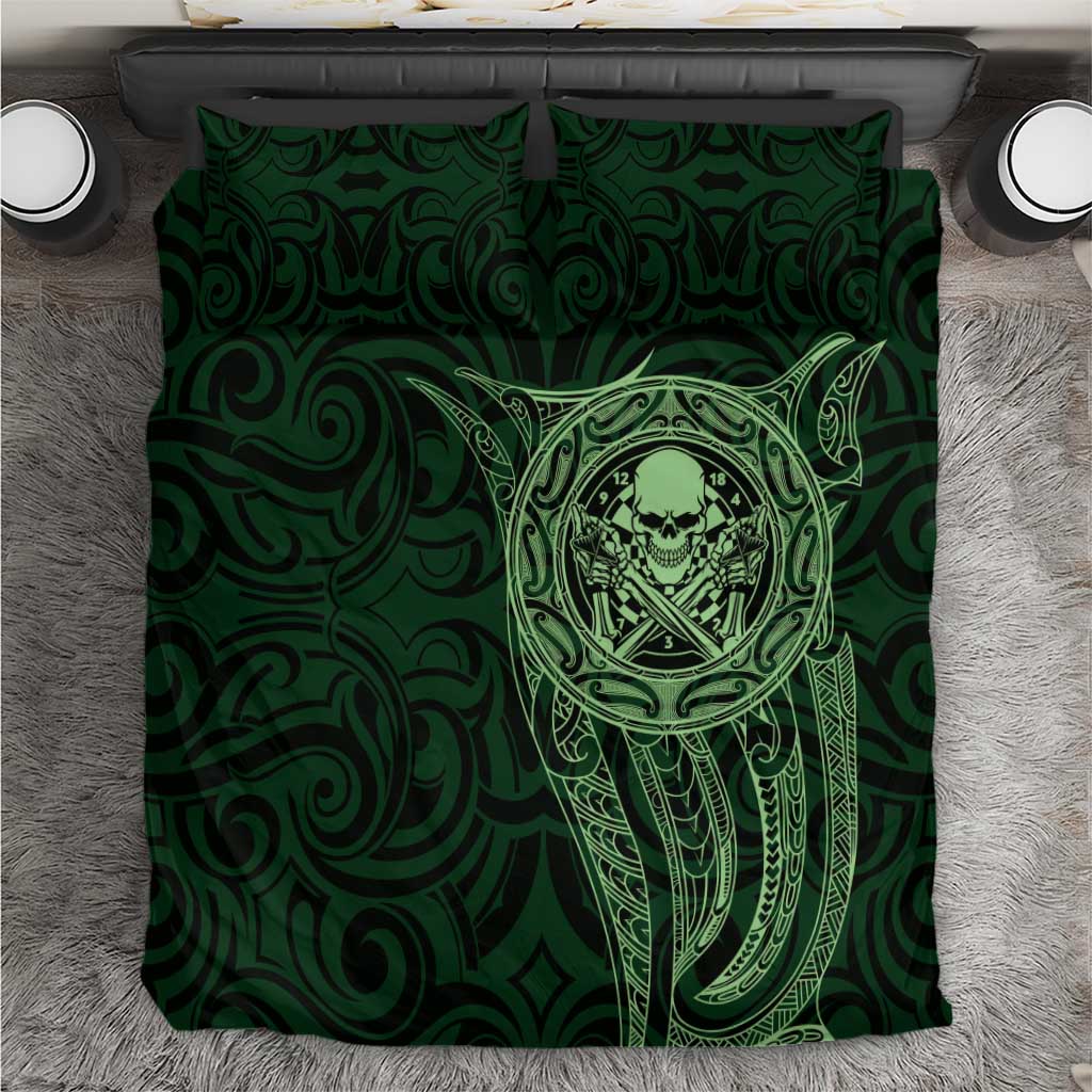 New Zealand Skull Darts Bedding Set Aotearoa Maori Chest Tattoo Stylized Green - Polynesian Pride