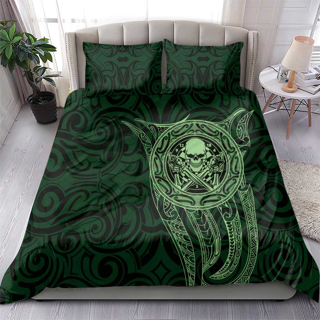 New Zealand Skull Darts Bedding Set Aotearoa Maori Chest Tattoo Stylized Green - Polynesian Pride