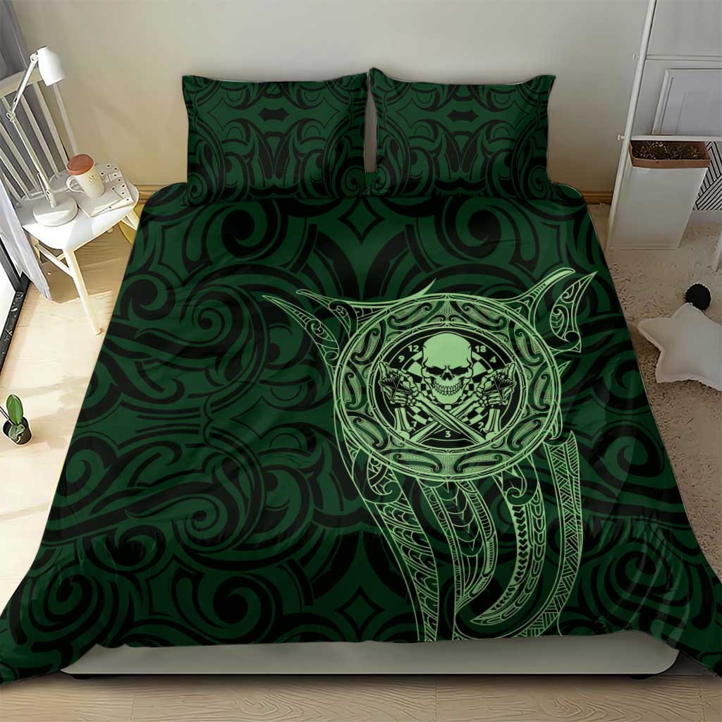 New Zealand Skull Darts Bedding Set Aotearoa Maori Chest Tattoo Stylized Green - Polynesian Pride