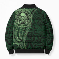 New Zealand Skull Darts Bomber Puffer Jacket Aotearoa Maori Chest Tattoo Stylized Green - Polynesian Pride