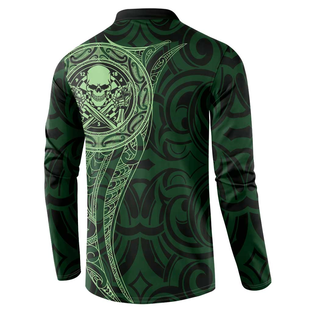 New Zealand Skull Darts Button Sweatshirt Aotearoa Maori Chest Tattoo Stylized Green - Polynesian Pride