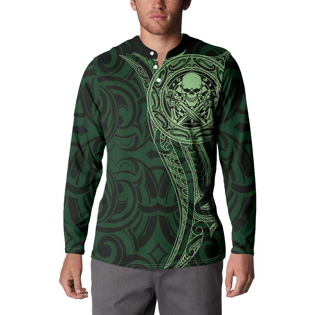New Zealand Skull Darts Button Sweatshirt Aotearoa Maori Chest Tattoo Stylized Green - Polynesian Pride
