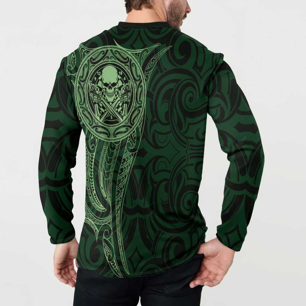 New Zealand Skull Darts Button Sweatshirt Aotearoa Maori Chest Tattoo Stylized Green - Polynesian Pride