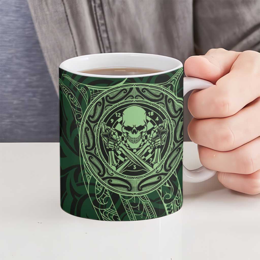 New Zealand Skull Darts Ceramic Mug Aotearoa Maori Chest Tattoo Stylized Green - Polynesian Pride