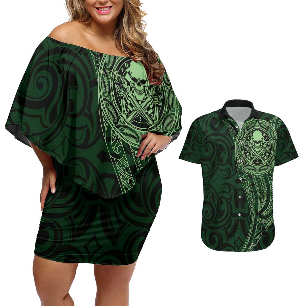 New Zealand Skull Darts Couples Matching Off Shoulder Short Dress and Hawaiian Shirt Aotearoa Maori Chest Tattoo Stylized Green - Polynesian Pride