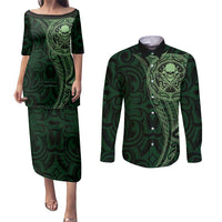 New Zealand Skull Darts Couples Matching Puletasi and Long Sleeve Button Shirt Aotearoa Maori Chest Tattoo Stylized Green - Polynesian Pride