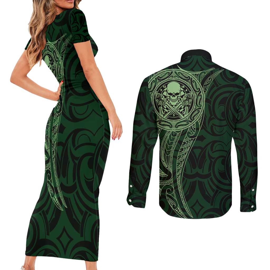 New Zealand Skull Darts Couples Matching Short Sleeve Bodycon Dress and Long Sleeve Button Shirt Aotearoa Maori Chest Tattoo Stylized Green - Polynesian Pride