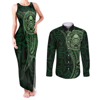 New Zealand Skull Darts Couples Matching Tank Maxi Dress and Long Sleeve Button Shirt Aotearoa Maori Chest Tattoo Stylized Green - Polynesian Pride