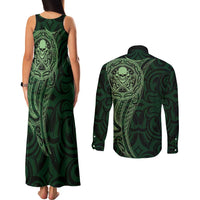 New Zealand Skull Darts Couples Matching Tank Maxi Dress and Long Sleeve Button Shirt Aotearoa Maori Chest Tattoo Stylized Green - Polynesian Pride