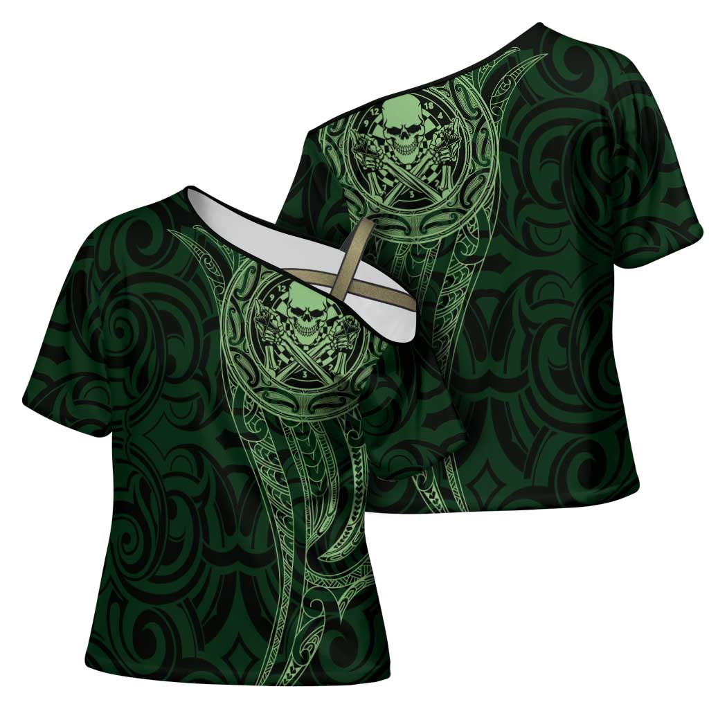 New Zealand Skull Darts Cross Shoulder Shirt Aotearoa Maori Chest Tattoo Stylized Green - Polynesian Pride