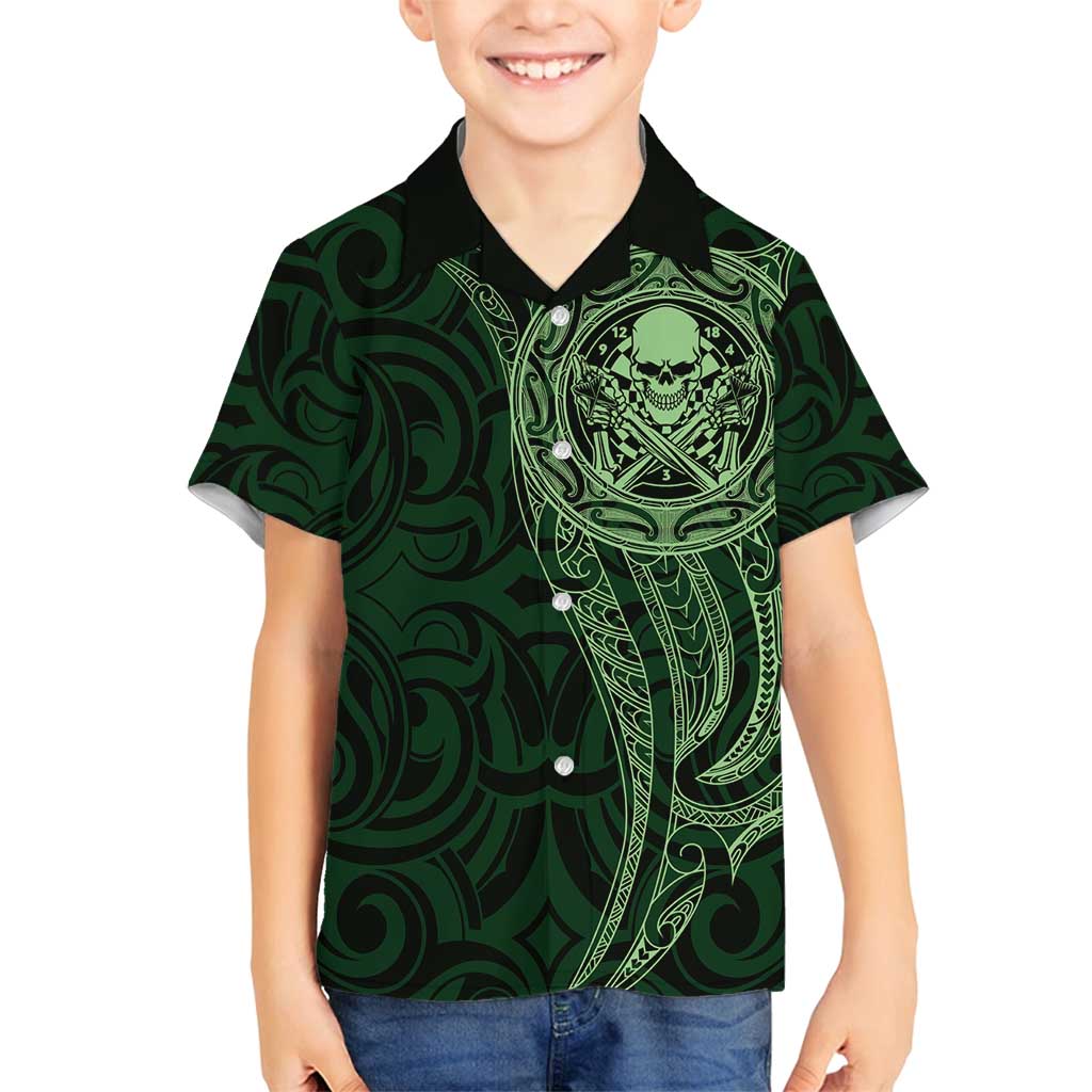 New Zealand Skull Darts Family Matching Long Sleeve Bodycon Dress and Hawaiian Shirt Aotearoa Maori Chest Tattoo Stylized Green - Polynesian Pride