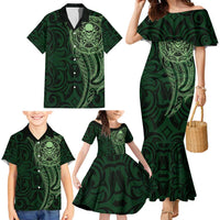 New Zealand Skull Darts Family Matching Mermaid Dress and Hawaiian Shirt Aotearoa Maori Chest Tattoo Stylized Green - Polynesian Pride