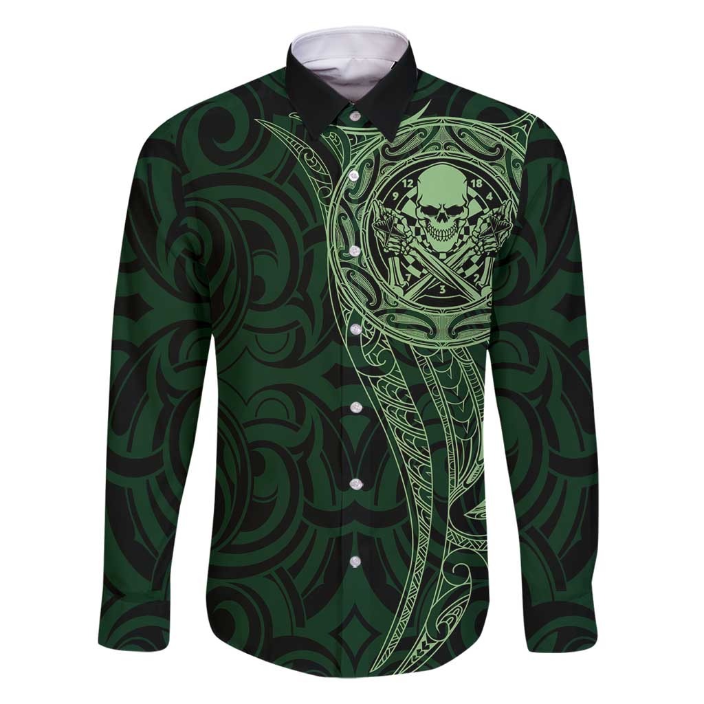 New Zealand Skull Darts Family Matching Mermaid Dress and Hawaiian Shirt Aotearoa Maori Chest Tattoo Stylized Green - Polynesian Pride