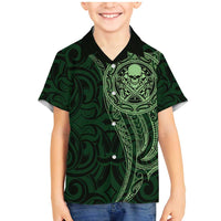 New Zealand Skull Darts Family Matching Mermaid Dress and Hawaiian Shirt Aotearoa Maori Chest Tattoo Stylized Green - Polynesian Pride