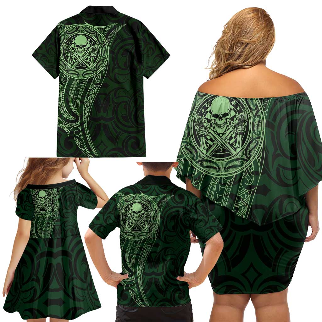 New Zealand Skull Darts Family Matching Off Shoulder Short Dress and Hawaiian Shirt Aotearoa Maori Chest Tattoo Stylized Green - Polynesian Pride