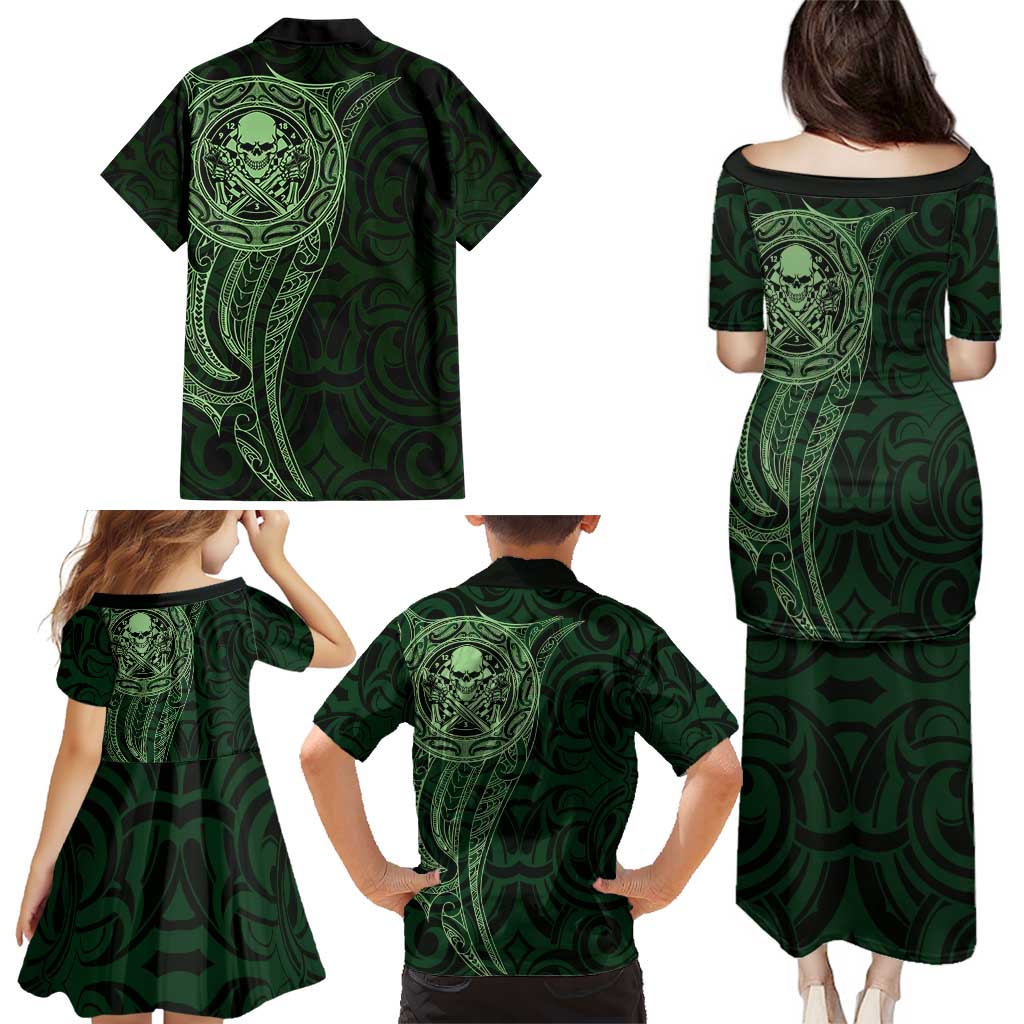 New Zealand Skull Darts Family Matching Puletasi and Hawaiian Shirt Aotearoa Maori Chest Tattoo Stylized Green - Polynesian Pride
