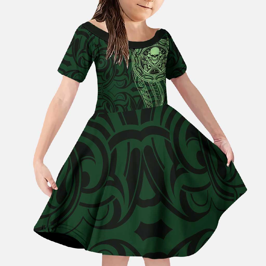 New Zealand Skull Darts Family Matching Short Sleeve Bodycon Dress and Hawaiian Shirt Aotearoa Maori Chest Tattoo Stylized Green - Polynesian Pride