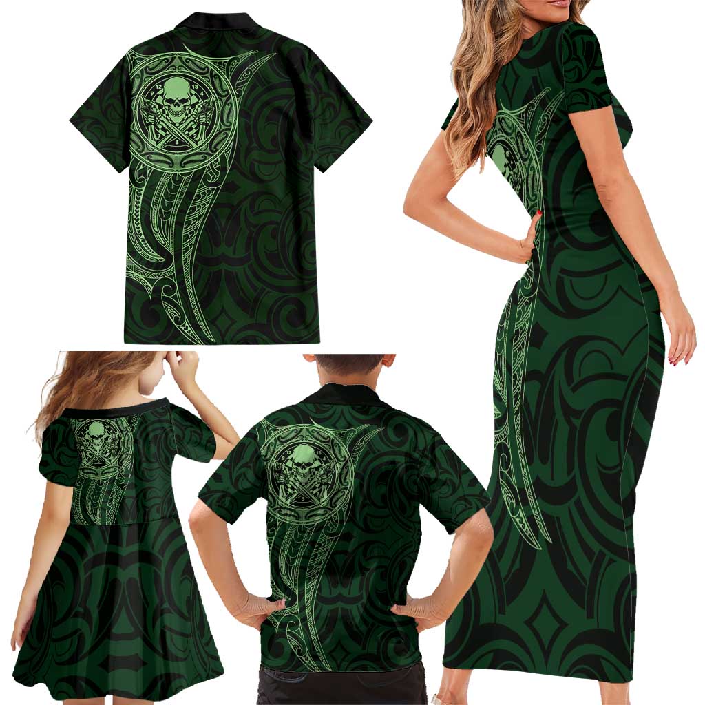 New Zealand Skull Darts Family Matching Short Sleeve Bodycon Dress and Hawaiian Shirt Aotearoa Maori Chest Tattoo Stylized Green - Polynesian Pride