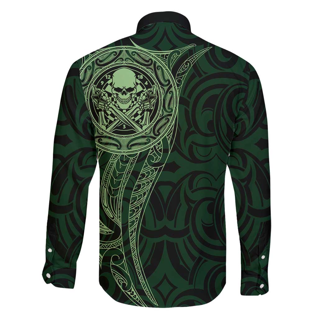New Zealand Skull Darts Family Matching Short Sleeve Bodycon Dress and Hawaiian Shirt Aotearoa Maori Chest Tattoo Stylized Green - Polynesian Pride
