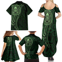 New Zealand Skull Darts Family Matching Summer Maxi Dress and Hawaiian Shirt Aotearoa Maori Chest Tattoo Stylized Green - Polynesian Pride