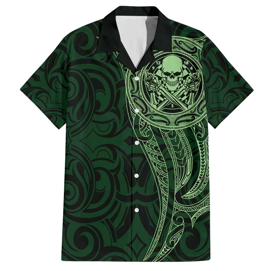 New Zealand Skull Darts Family Matching Summer Maxi Dress and Hawaiian Shirt Aotearoa Maori Chest Tattoo Stylized Green - Polynesian Pride