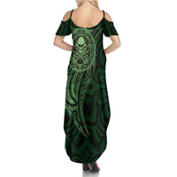New Zealand Skull Darts Family Matching Summer Maxi Dress and Hawaiian Shirt Aotearoa Maori Chest Tattoo Stylized Green - Polynesian Pride