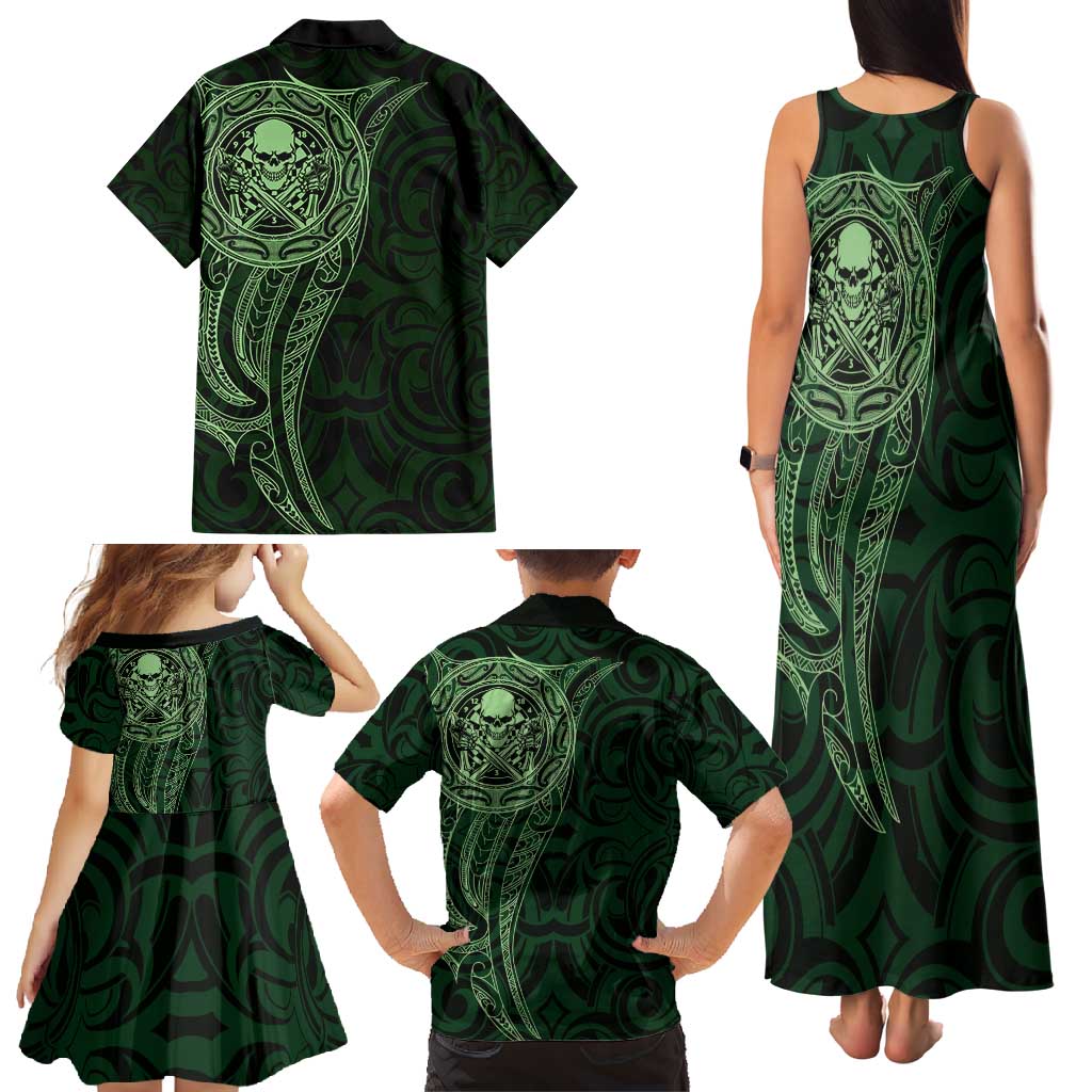 New Zealand Skull Darts Family Matching Tank Maxi Dress and Hawaiian Shirt Aotearoa Maori Chest Tattoo Stylized Green - Polynesian Pride
