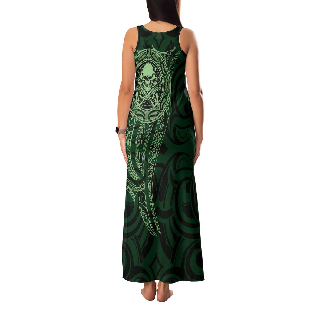 New Zealand Skull Darts Family Matching Tank Maxi Dress and Hawaiian Shirt Aotearoa Maori Chest Tattoo Stylized Green - Polynesian Pride