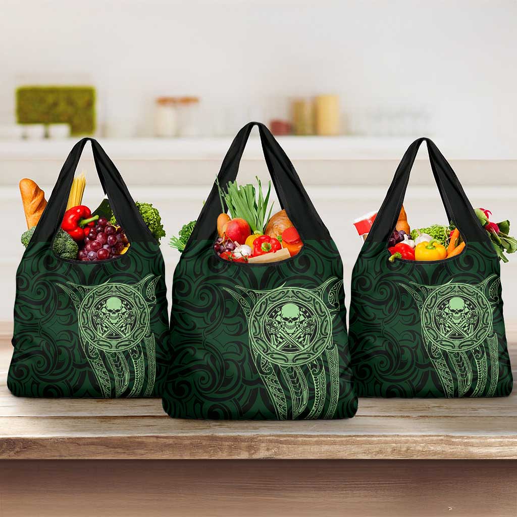 New Zealand Skull Darts Grocery Bag Aotearoa Maori Chest Tattoo Stylized Green - Polynesian Pride