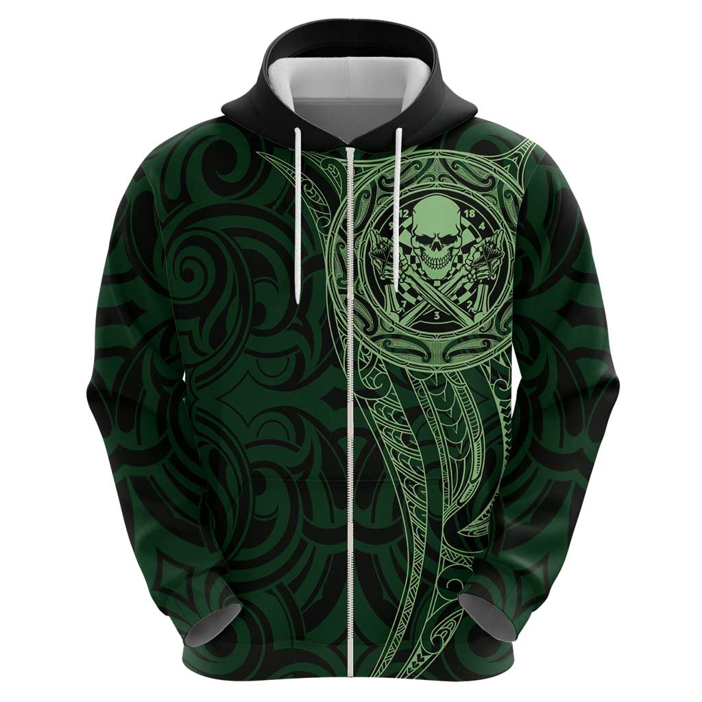 New Zealand Skull Darts Hoodie Aotearoa Maori Chest Tattoo Stylized Green - Polynesian Pride