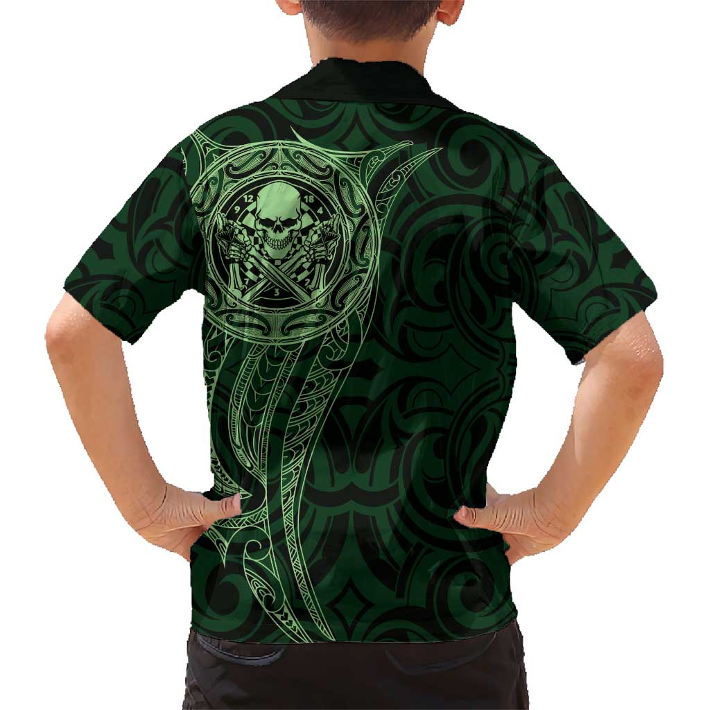 New Zealand Skull Darts Kid Hawaiian Shirt Aotearoa Maori Chest Tattoo Stylized Green - Polynesian Pride