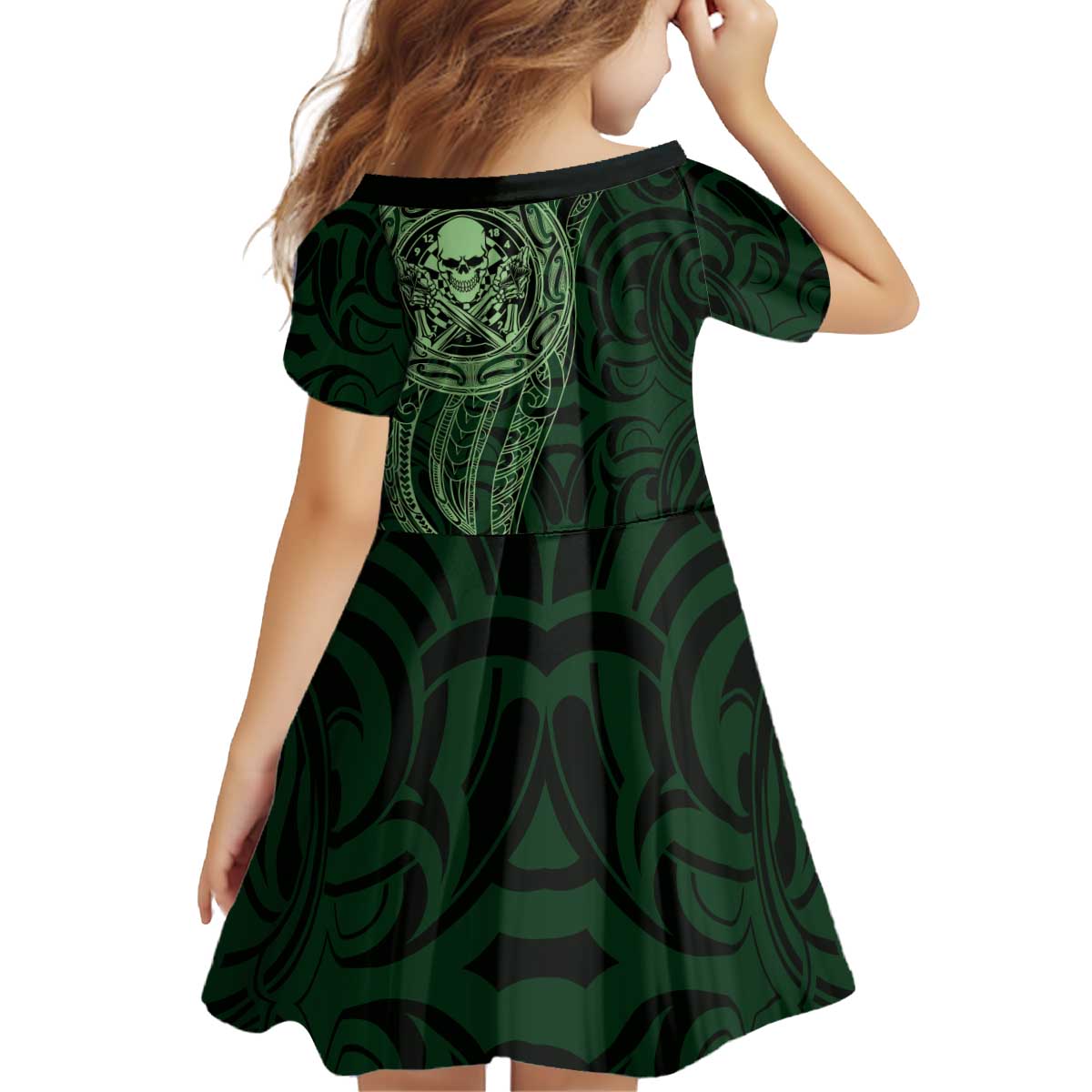 New Zealand Skull Darts Kid Short Sleeve Dress Aotearoa Maori Chest Tattoo Stylized Green - Polynesian Pride