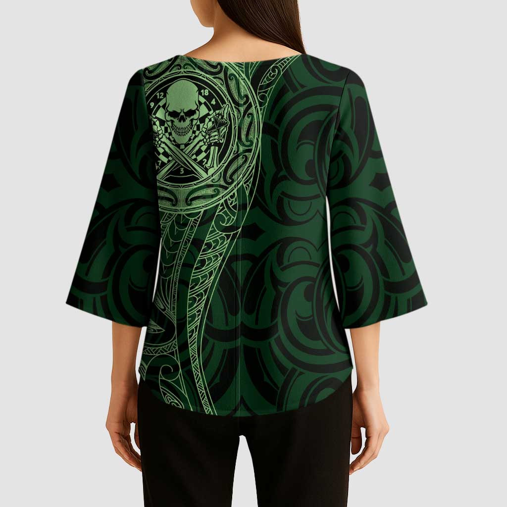 New Zealand Skull Darts Kimono Sleeve Blouse Aotearoa Maori Chest Tattoo Stylized Green - Polynesian Pride