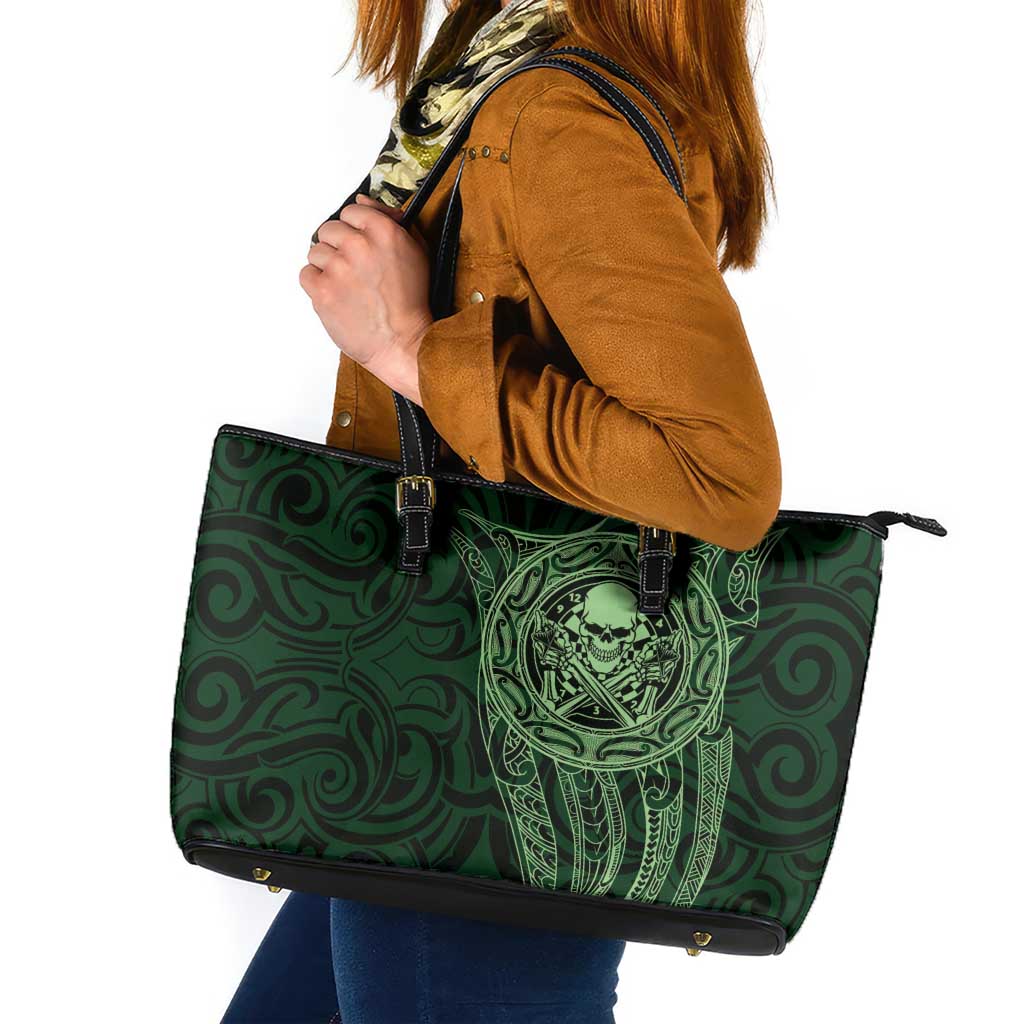 New Zealand Skull Darts Leather Tote Bag Aotearoa Maori Chest Tattoo Stylized Green - Polynesian Pride