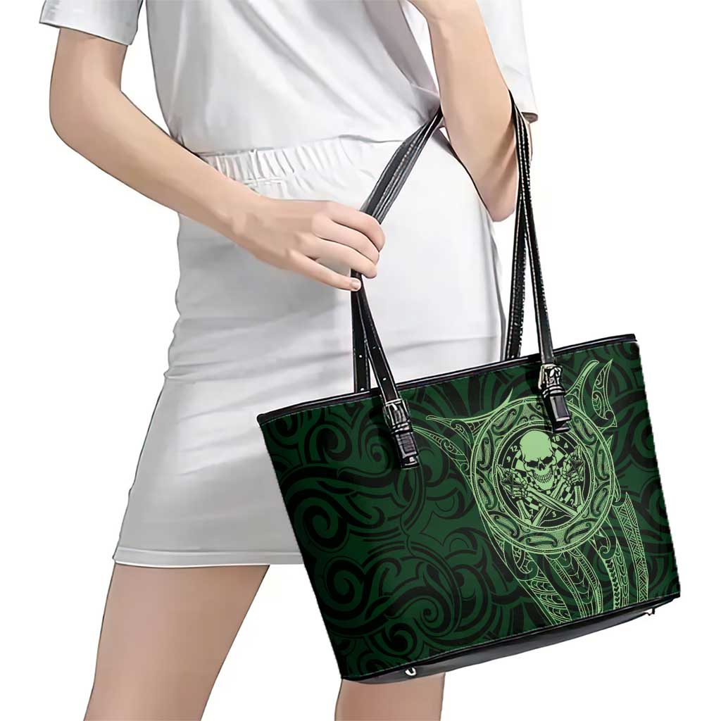 New Zealand Skull Darts Leather Tote Bag Aotearoa Maori Chest Tattoo Stylized Green - Polynesian Pride